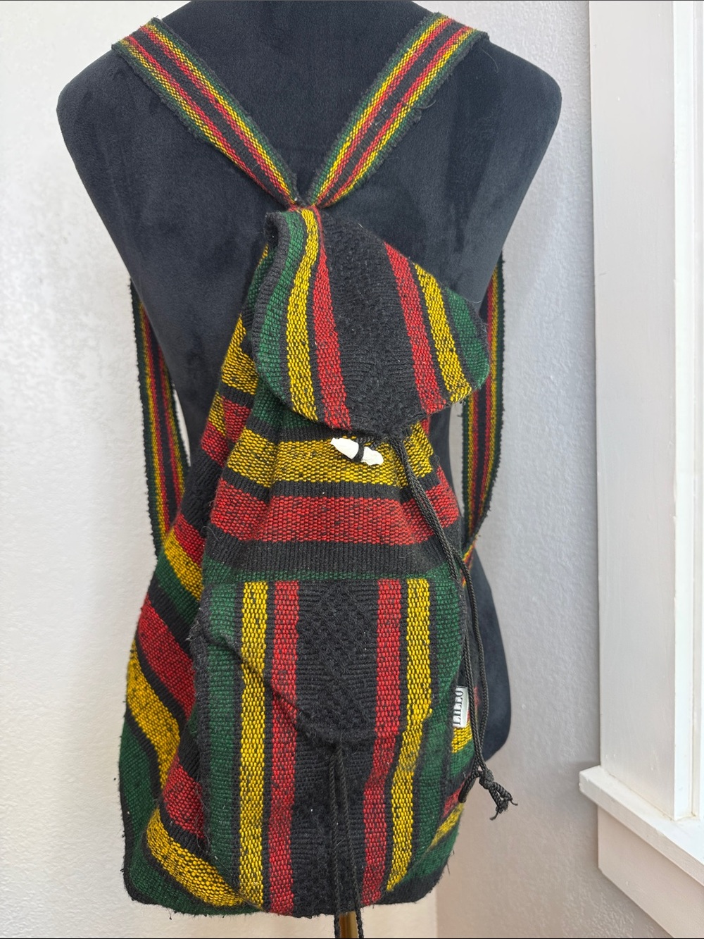 Artesanias Lillo Rasta Stripe Woven Drawstring Backpack Boho Festival Hippie Bag